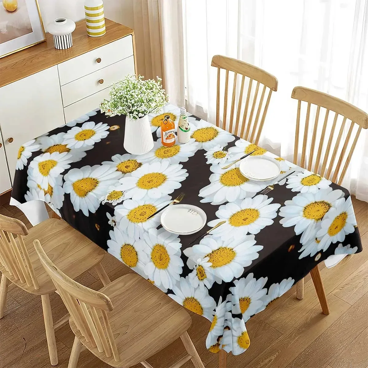 

Modern 2D Flat Printed Tablecloth Waterproof Polyester Daisy Flower Table Cover For Daily Home Dining Desk Party Holiday Gift