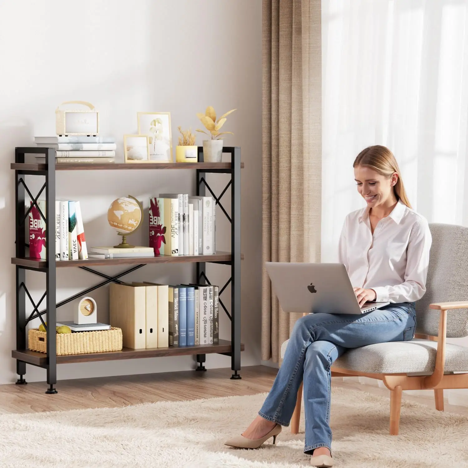 3 Tier Bookshelf Bookcase, 35.5'' Width Wood & Metal Open Book Shelf, Freestanding Industrial Display Shelf, Rustic Storage