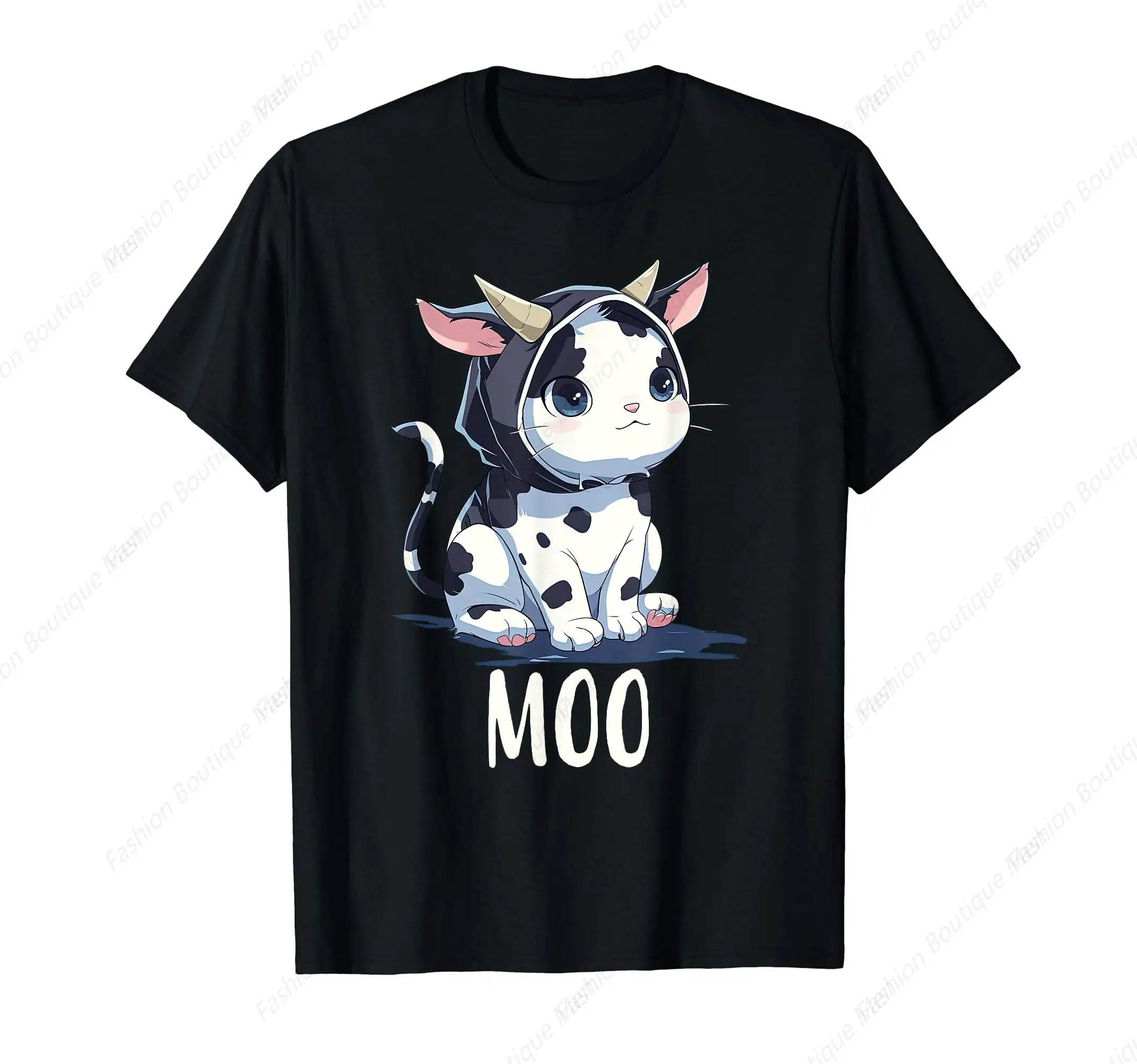 

Funny Cute Kawaii Anime Cat In Cow Costume Moo Meow Cat Cow T-Shirt Cotton Soft Shirt