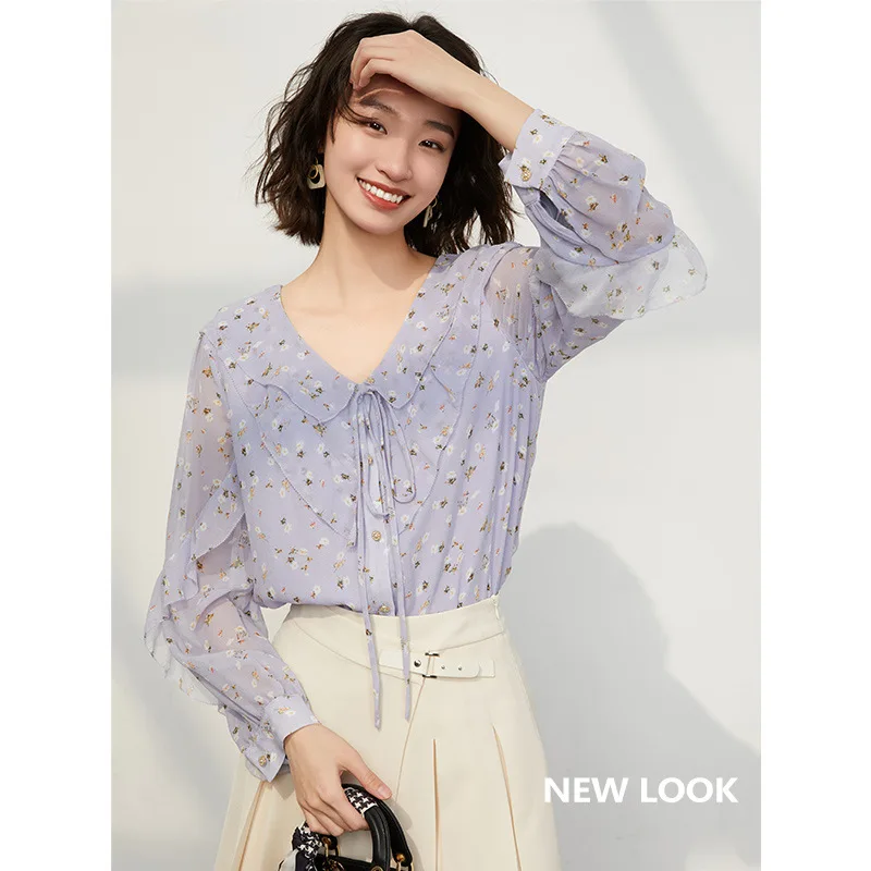 French Silk Shirt With Design Sense 2024 Spring New Lotus Leaf V-neck Long-sleeved Printed Mulberry Silk Shirt RUFFLES Sleeve