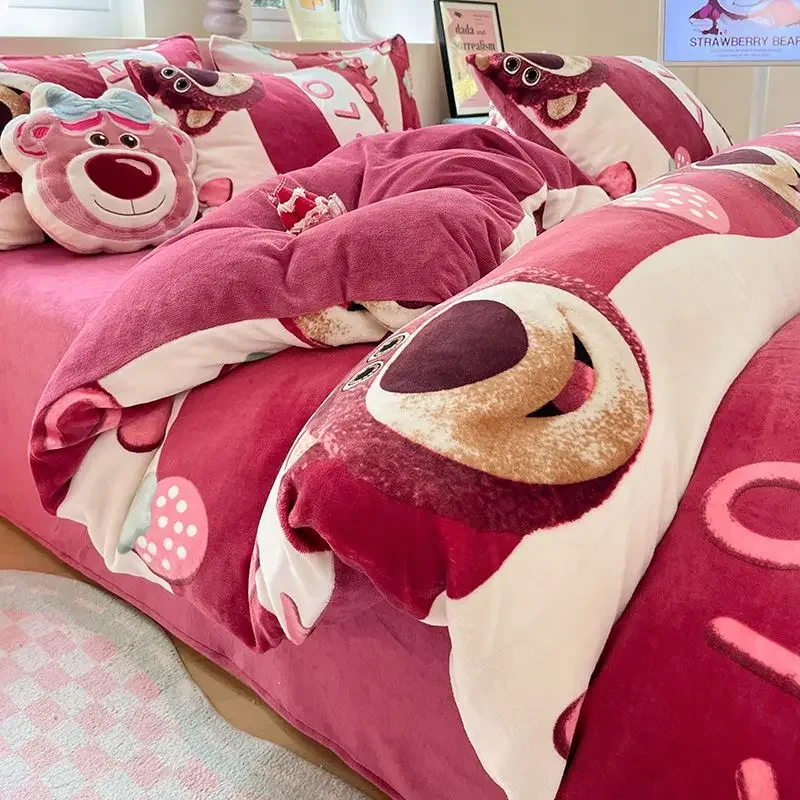 Disney's new Mickey Strawberry Bear cartoon cute plus velvet warm bed sheet and quilt cover four-piece set for home dormitory