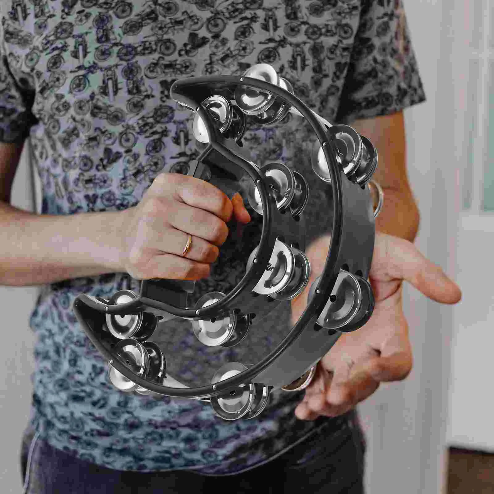 

Double Row Tambourine Half Moon Metal Musical Jingles Tambourine Hand Held (Black)