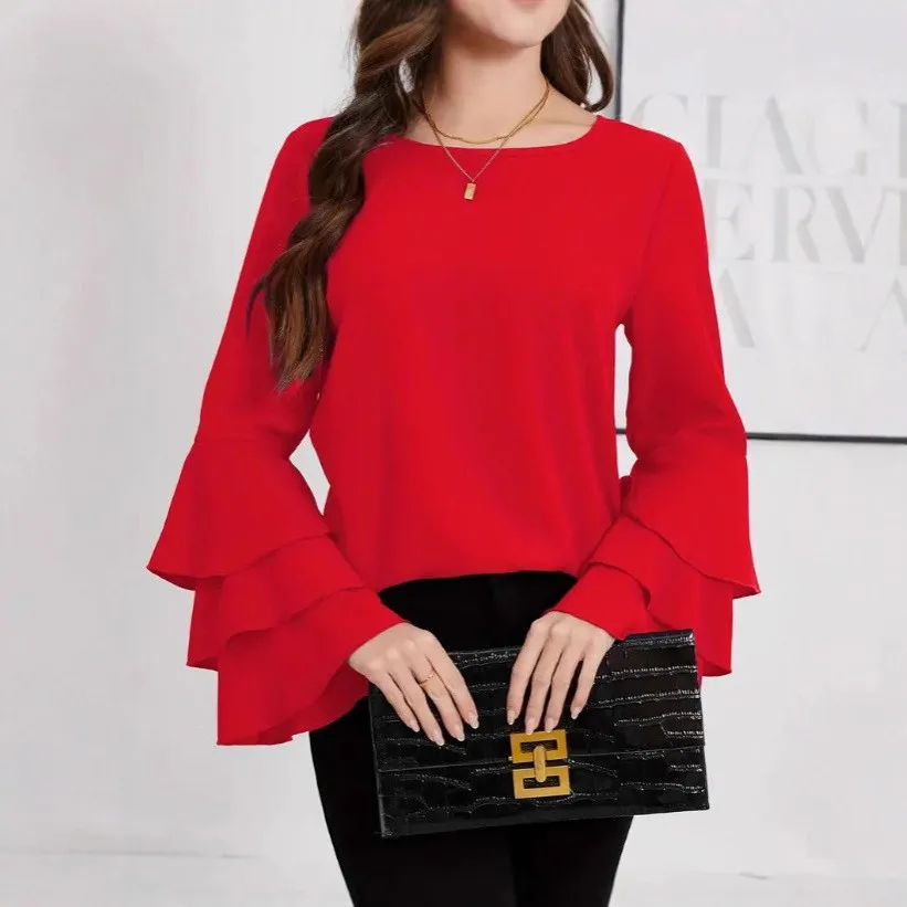 Round Neck Long Sleeve Top Midi Length Private Celebrity Style with No Stretch Pullover Spring for Women Long Sleeve Shirt
