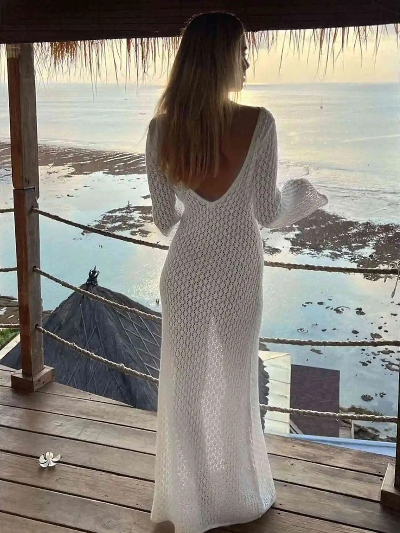

Sexy White Long Knit Swe Bikini Faion Cover up Women's H Version Cleanfit Linen Material Tee Quarter Sve Midi Dr