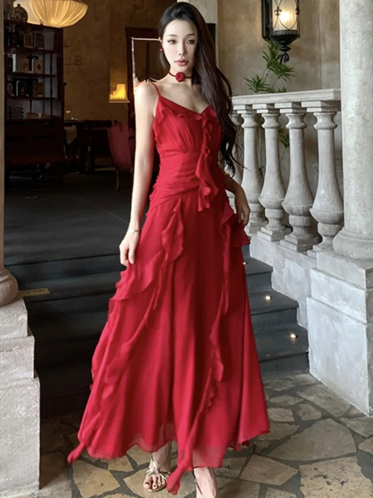 

Elegant Wedding Evening Dresses Vintage Red Ruffles Party Dress for Women French Style Summer Female Prom Slim A-Line Vestidos