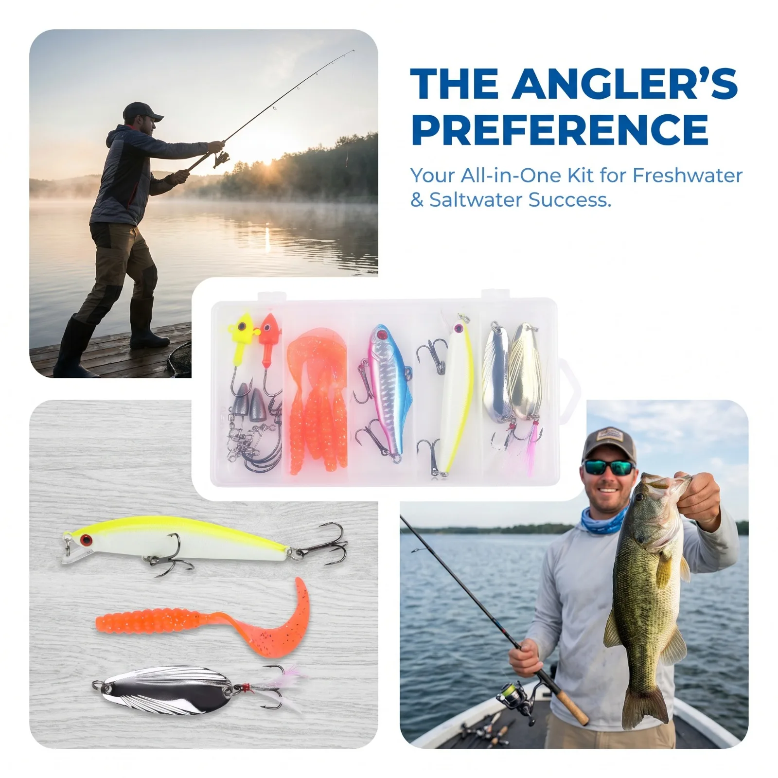 

All-in-One Fishing Lures Kit Hard Minnow VIB Spoon Soft Curly Tail Bait with Hooks Swivels for Bass Pike Trout