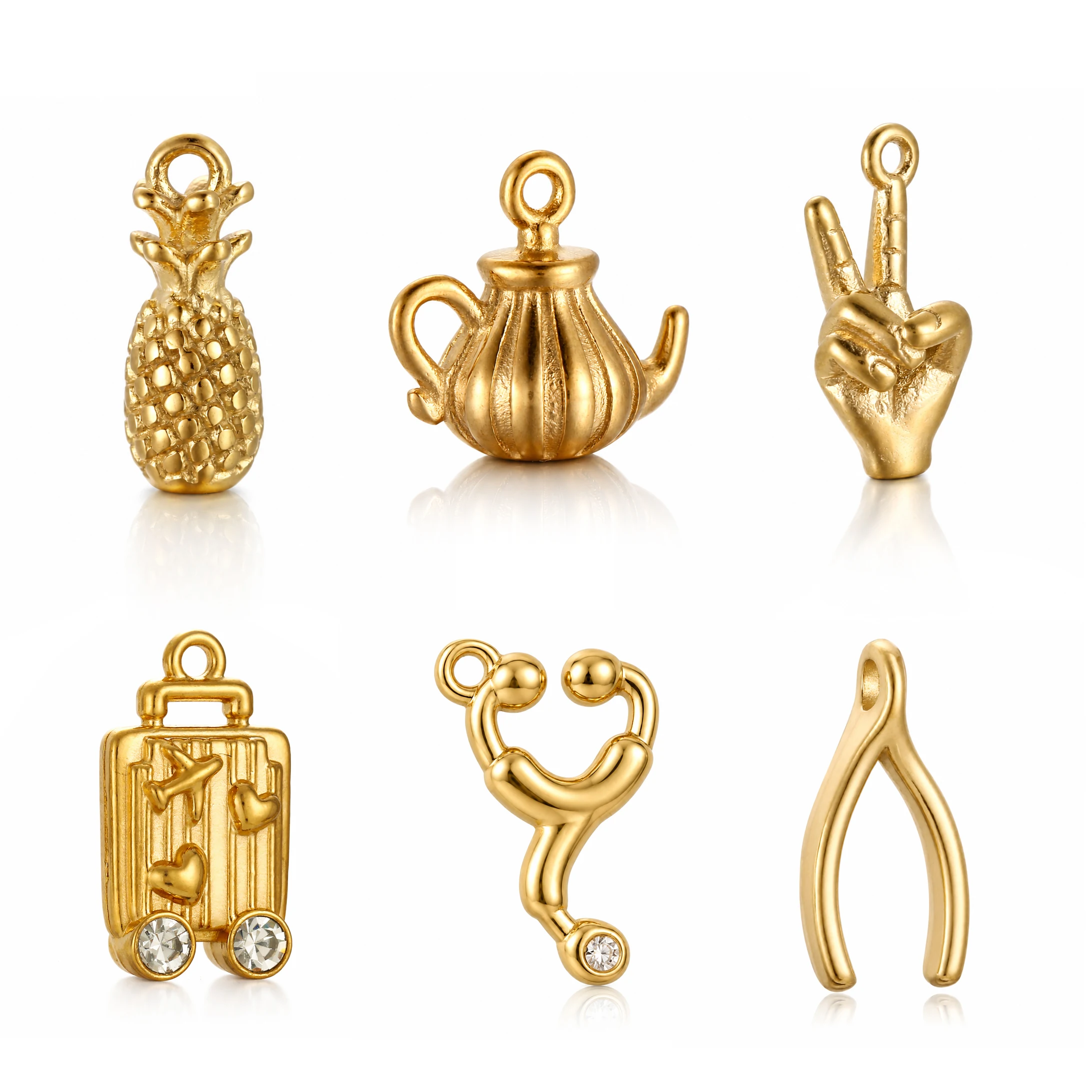 3Pcs Victory Gesture/Rhinestone Suitcase/Wish Bone Lucky Charms Stainless Steel 3D Pendants DIY Necklace Bracelet Jewelry Making