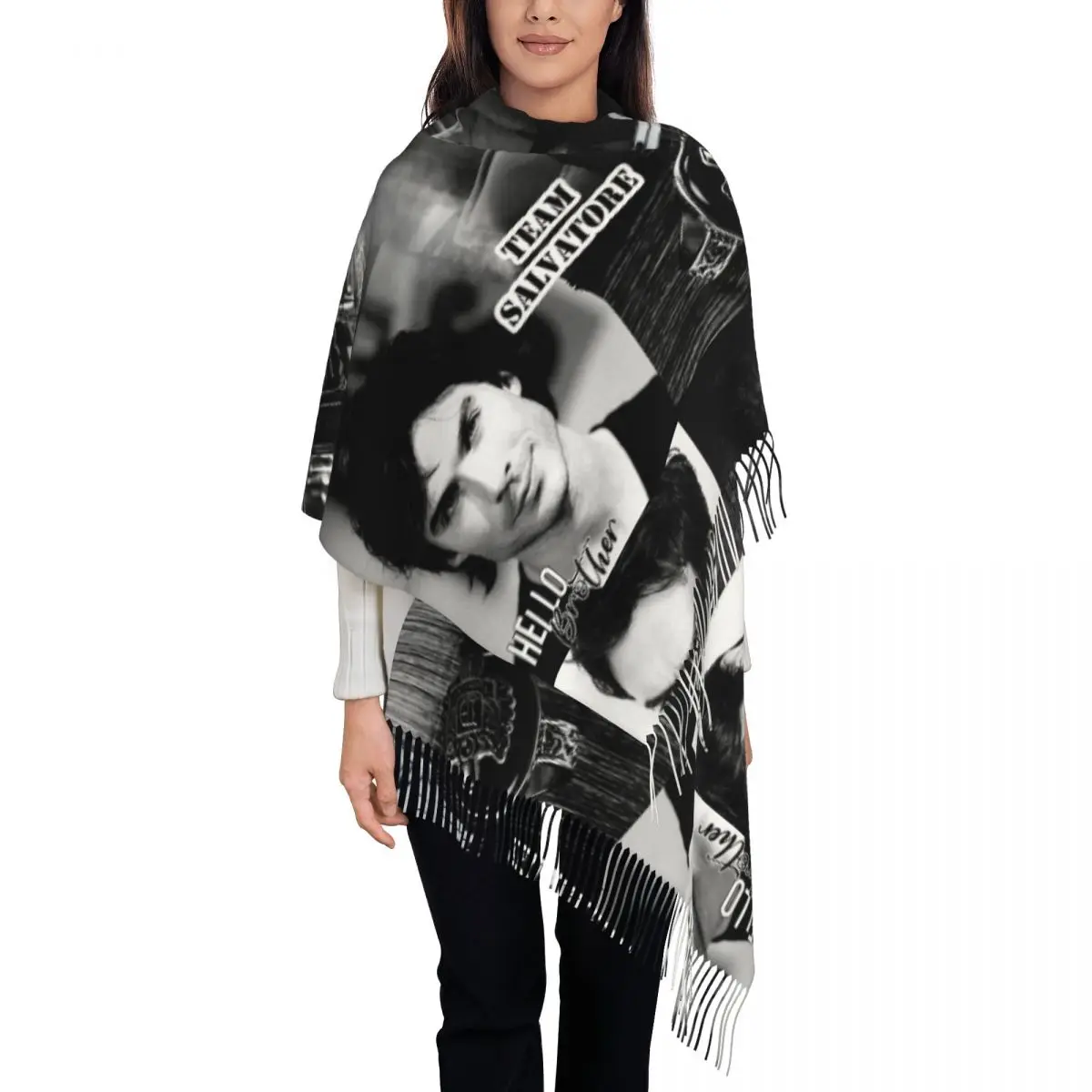 

Женская шаль Damon Salvatore, зимний теплый большой шарф Damon Salvatore, дневники вампира, шейный платок, шарфы с кисточками