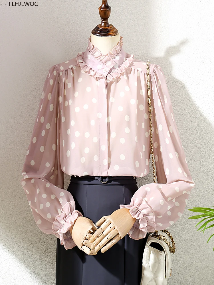 Design français Dot hauts Blouses nouveau Design 2025 Y2K femmes à manches longues ample décontracté volants Blouses bureau dame bases chemises roses