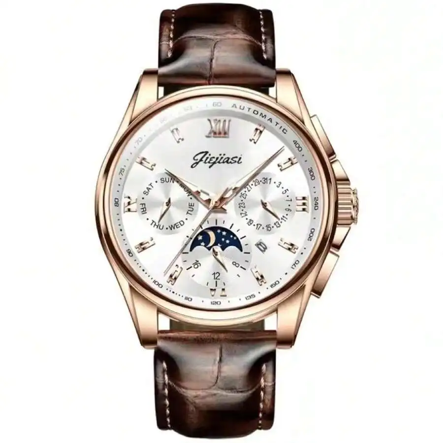 Jiejiasi Crocodile Pattern Leather Strap Moon Phase Multifunctional Mechanical Men's Watch Luminous Waterproof Light Luxury