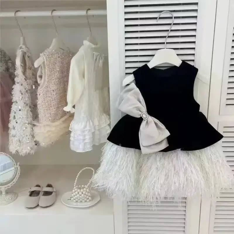 Girl Princess Bow Tassel Velvet Dress Sleeveless Infant Toddler Child Elegant Vestido Birthday Pageant Baby Clothes 1-7Y
