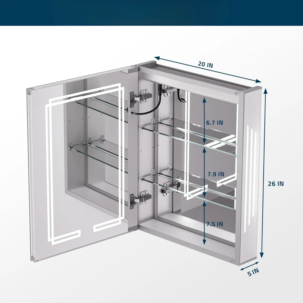 Medicine Cabinet Bathroom  20x26 Inch 3 Colors Stepless Dimming Anti-Fog Memory Funtion