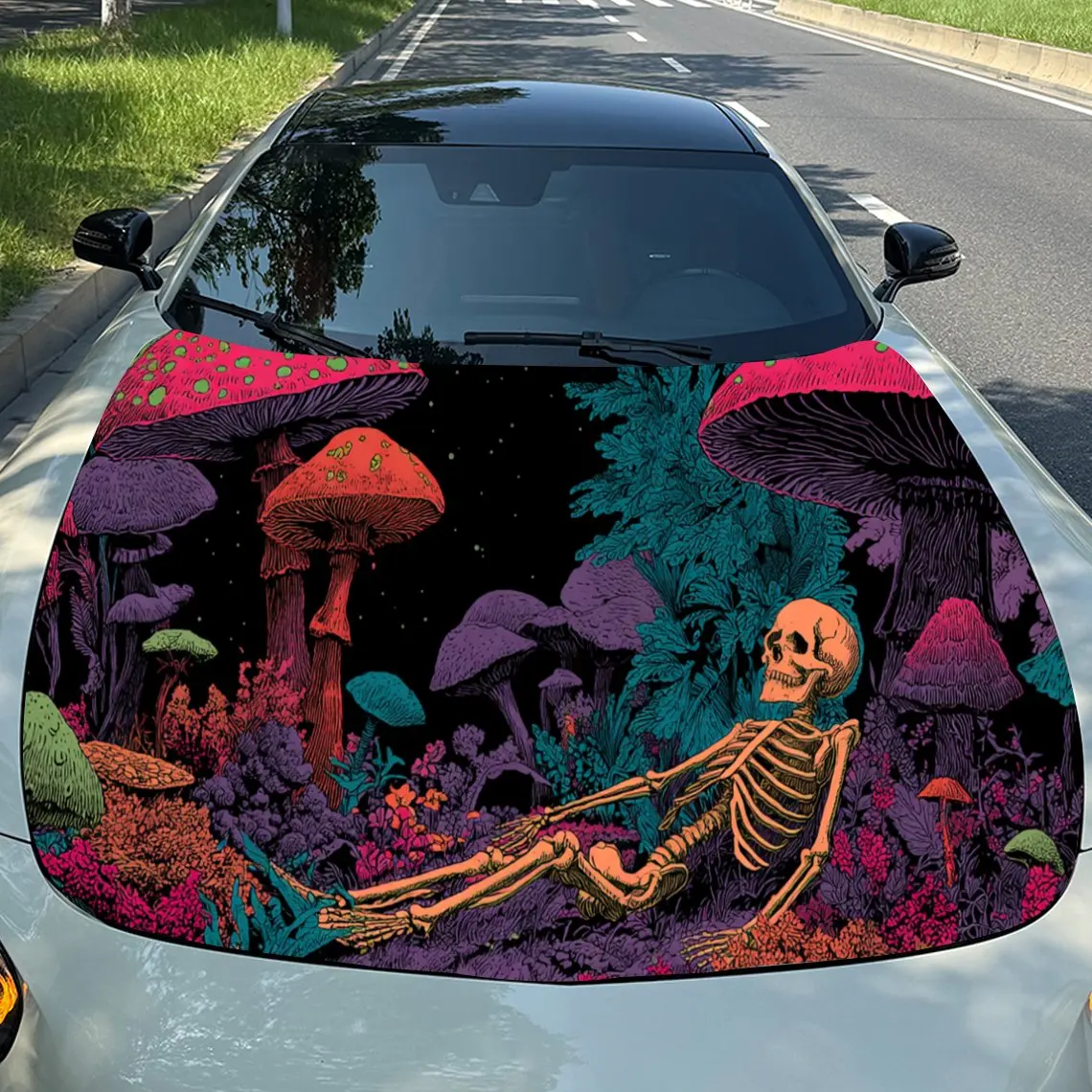 Colorful Mushroom Skeleton Car Hood Stickers - Self-Adhesive, Waterproof and Durable Vinyl Wrap, Decorate And Protect Your Car,