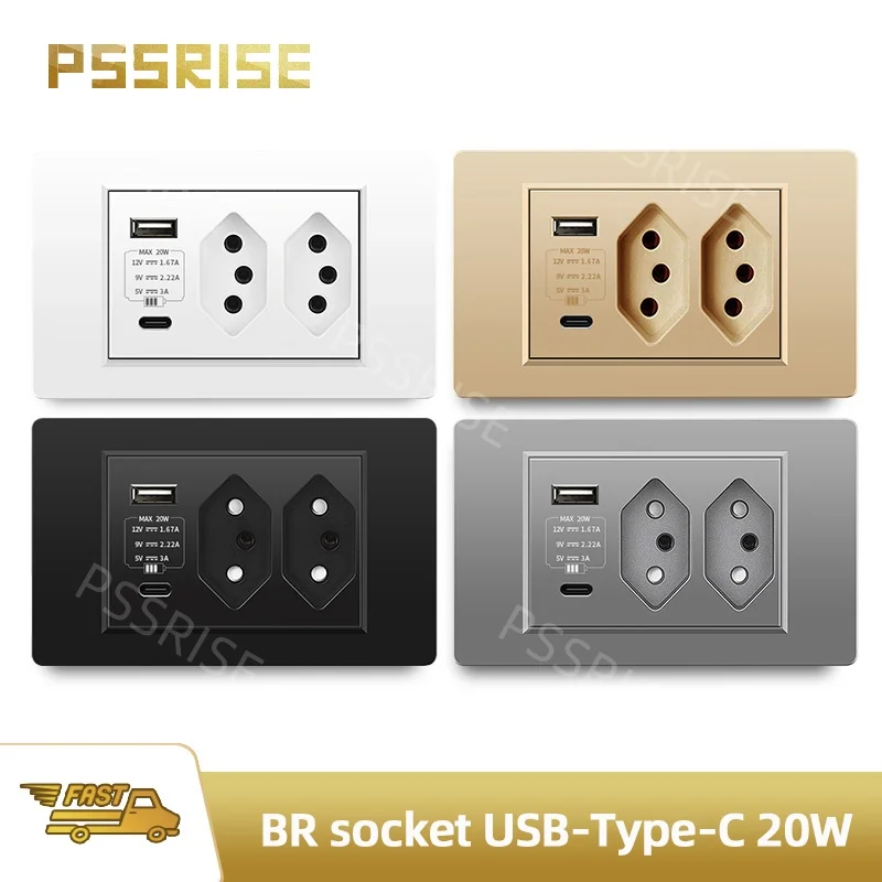 

PEERISE PC Panel Brazil Standard Outlet with Double USB Type C Wall Power Socket 10A 20A 3gang Integrated Wall Switch 118x72mm