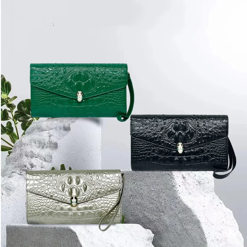 Fashion Large Capacity Clutches Women Crocodile Pattern Shoulder Bag Commuter Snakehead Decor Clutch Bags Lady Envelope Handbags