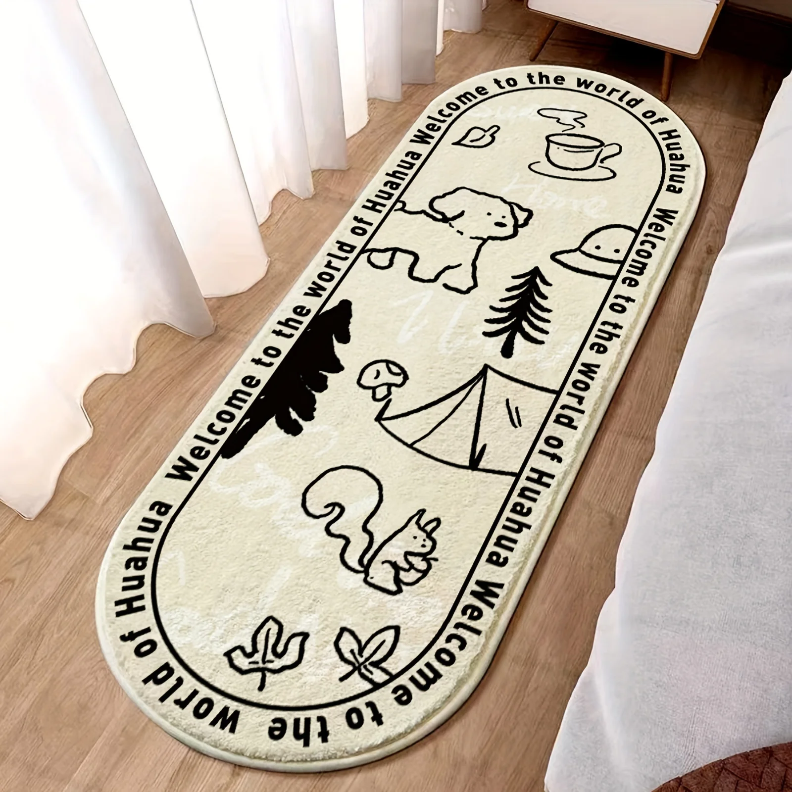 Fuzzy Black-and-White Minimalist Hand-Painted Puppy and Tree Pattern Oval Bedside Cushion - Soft, Non-Slip Bedroom Rug