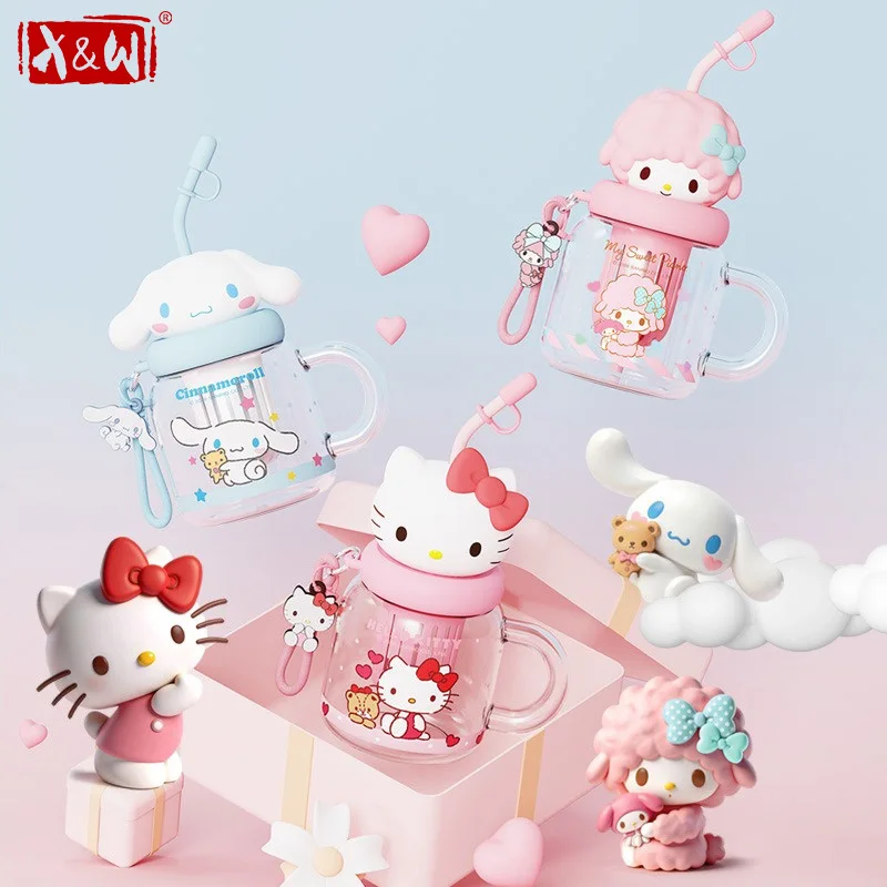 X&W Sanrio Glass Cup 880ml Hello kitty Cinnamoroll Straw Cup Cute Doll Head Water Bottle Summer Cold Drinks Cup Home Office Use