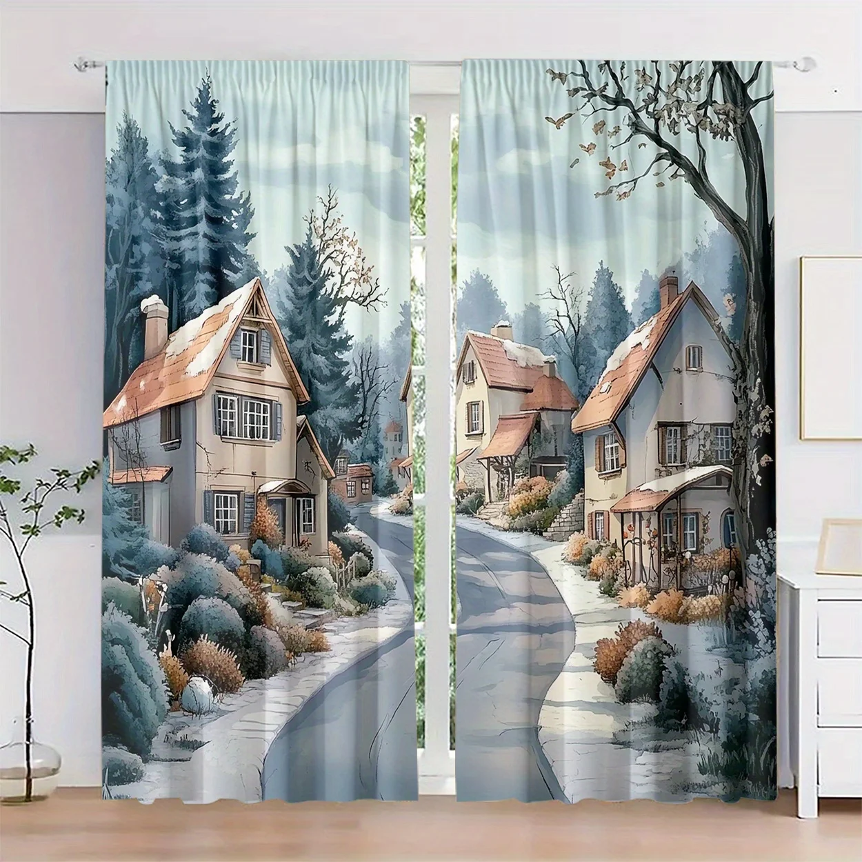 Cottage Village Curtains Set of 2 Polyester Peach Skin Velvet HD Print Rod Pocket Light Filtering for Bedroom Living Room