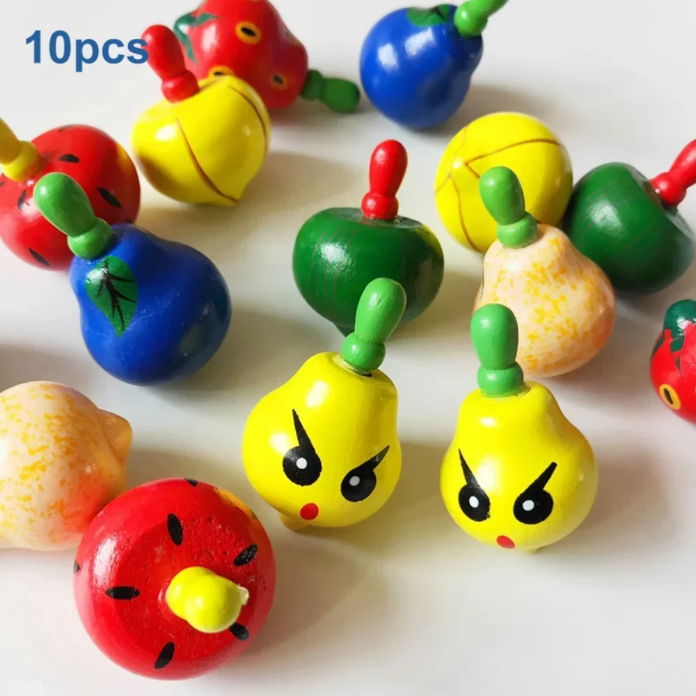 5/10Pcs Wooden Cartoon Fruit Spinning Top Classic Interesting Toys Colored Relief Stress Childhood Early Learning Desktop Game