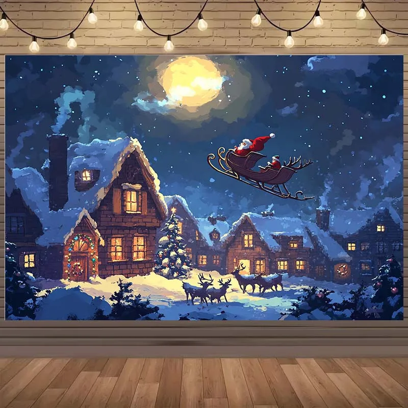 سانتا كلوز زلاجات قرية عيد الميلاد خلفية مع القمر والثلج والرنة - بوليستر، لا يتطلب طاقة