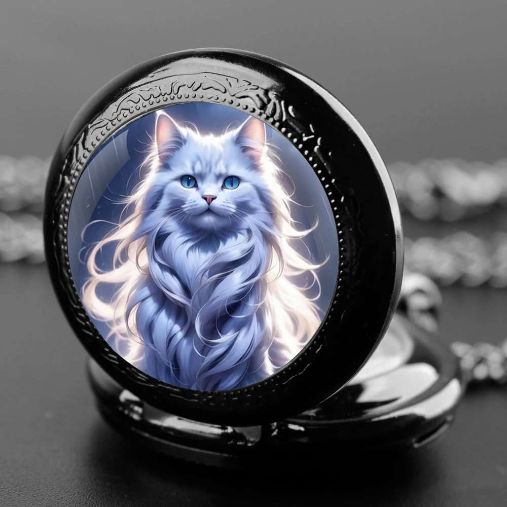 Cute kawaii Cats Graphic Glass Dome Quartz Pocket Watch Necklace Men Women Kids Unique Jewelry Pendant Accessories Gift