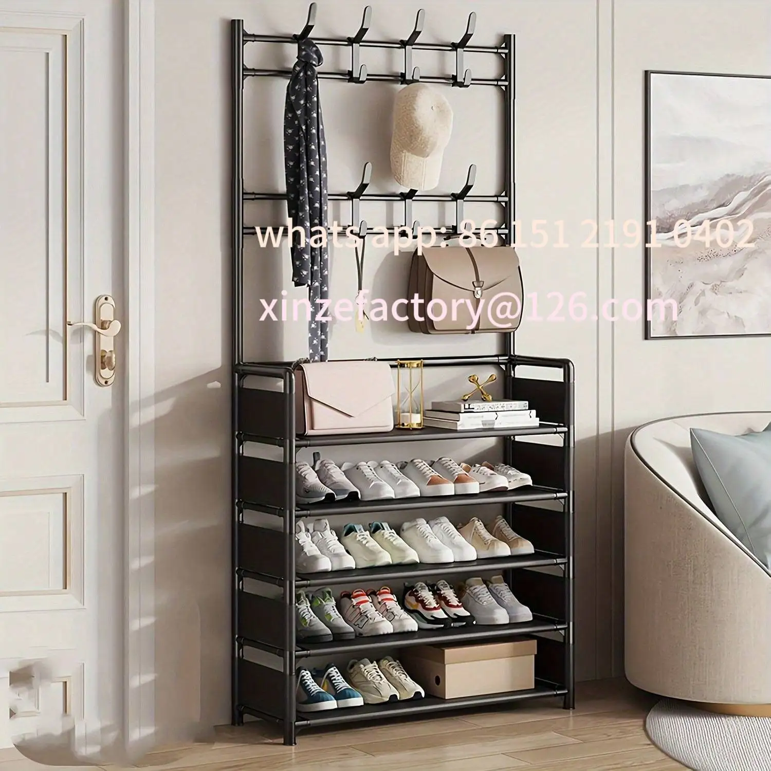 Customizable Shoe And Hat Rack 5-Layer Storage Rack With 8 Hooks, Large Capacity To Store Shoes, Boots, Clothes