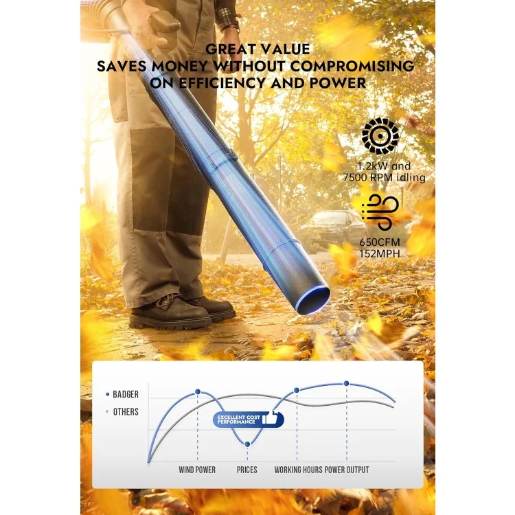 Gás Powered Strong Air Flow, Light Weight 650CFM 152MPH, 17,4 lbs, Ideal para folhas, areia, cascalho, neve, quintal e garagem, 3cc