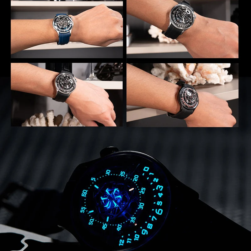 OBLVLO, diseño Original, reloj mecánico automático con esfera de Rotor de fibra de carbono para hombre, cristal de zafiro brillante azul, relojes deportivos resistentes al agua
