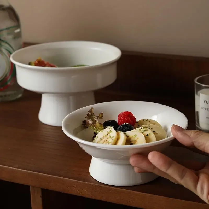 Ceramic dessert dish Household pure white bowls palace style high footed dessert bowl Artistic conception restaurant tableware