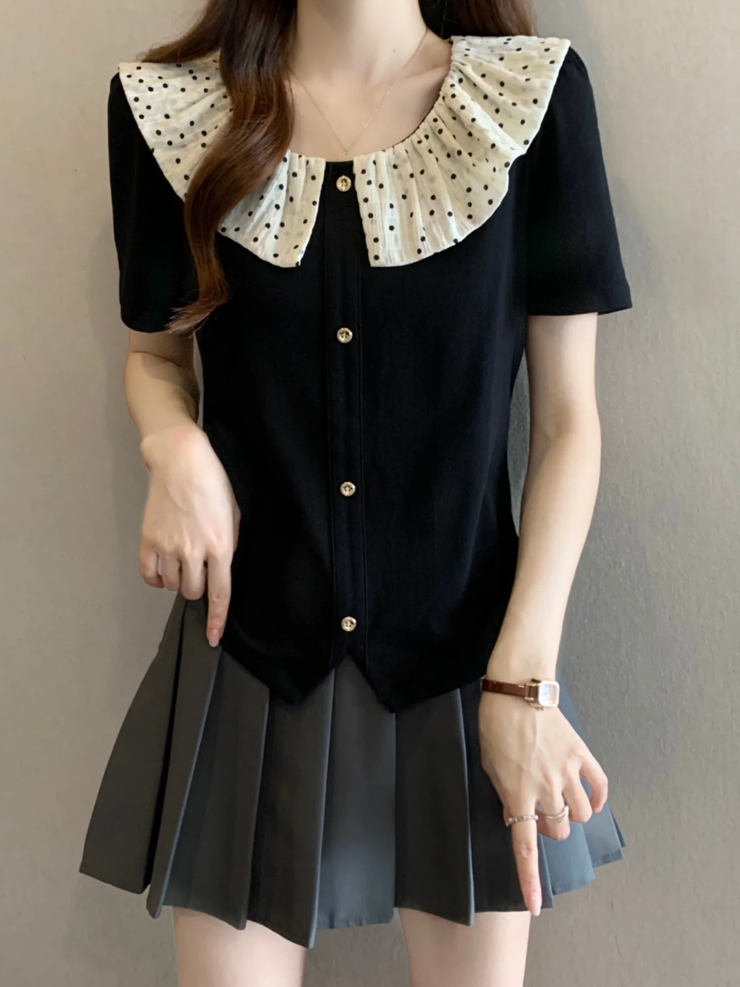 

Summer Polka Dot Ruffle Sleeve Short Shirt Women's Fashionable Slimming Top High Waist Korean Style Commute Polyester Fiber