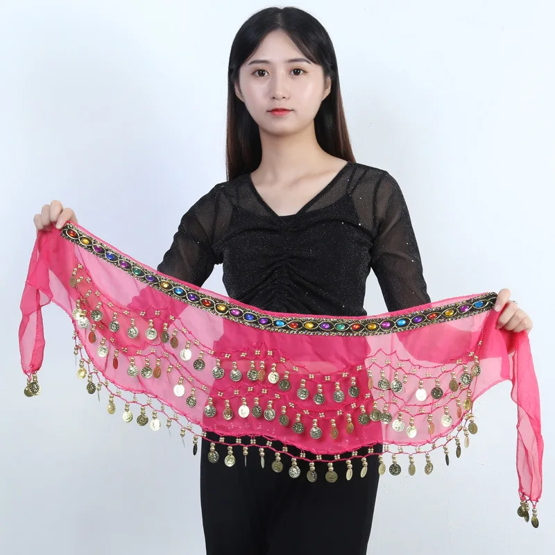 New Belly Dance Hip Scarf Copper Coin Waist Scarf Indian Dance Performance Clothing Accessories Dance Wear Belt with Gemstone