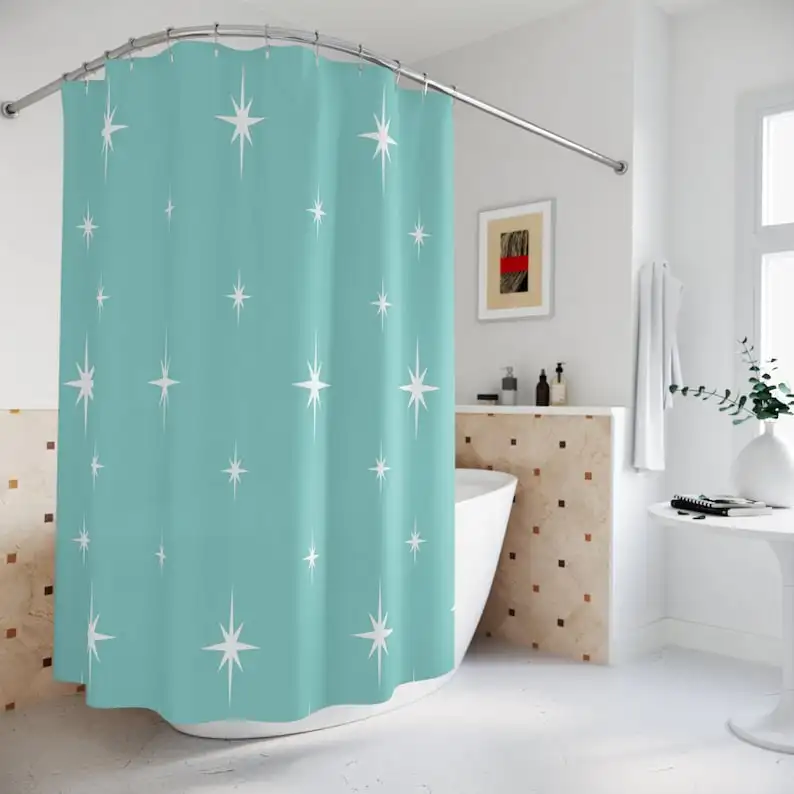 Retro Mid Century Modern Atomic Starburst Shower Curtains in Vintage Turquoise and White