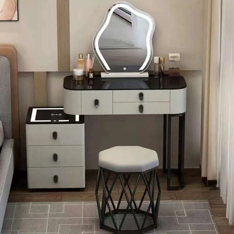 

Modern LED Vanity Desk Stone Top Lighted Mirror Wood Panel Makeup Table Stool for Bedroom Hotel Living Room for Bathroom Use
