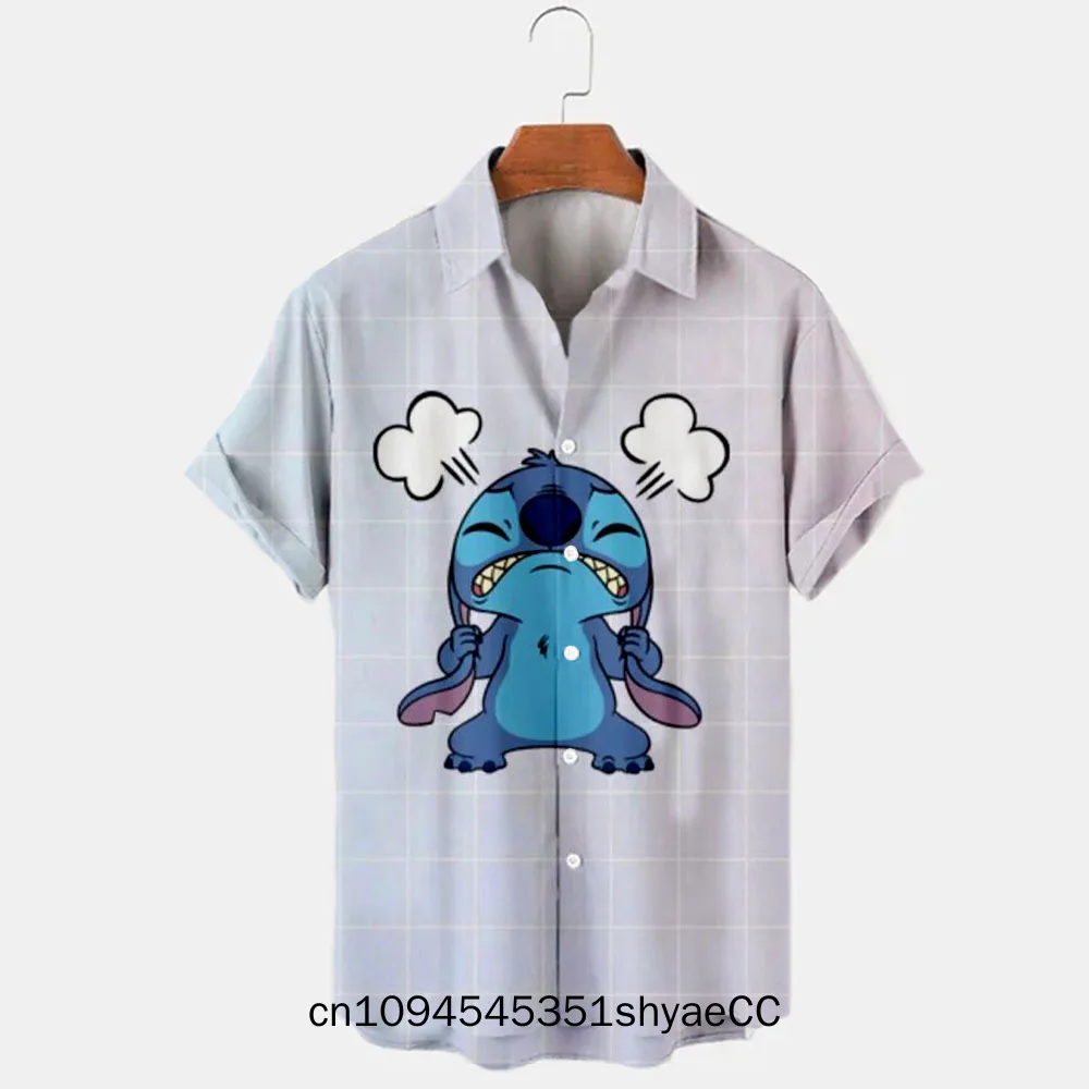 

Summer 2025 New Disney Stitch Brand Cartoon Casual Beach Style 3D Printed Short Sleeve Lapel Shirt Slim Fit Men's Top