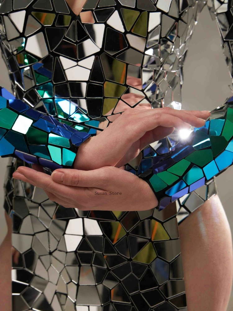 Silver and Scarab Mirror Slit Women Dress Long Evening Two-Tone Sequin Gown Festival Stage Performance Costume