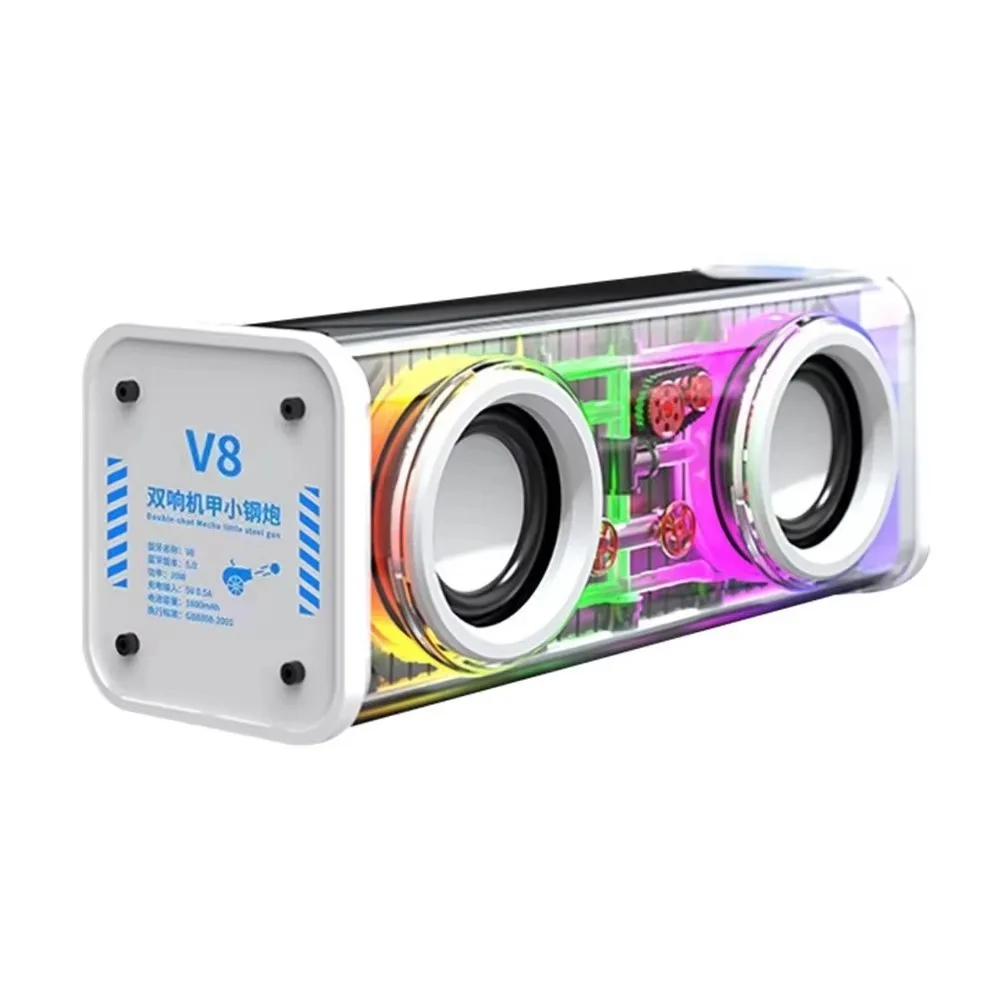 Altavoces Mecha transparentes Bluetooth 5,0 V8, batería de 1800mAh, diafragma de contrabajo, Mini altavoz de fiesta, luz RGB, estéreo TWS
