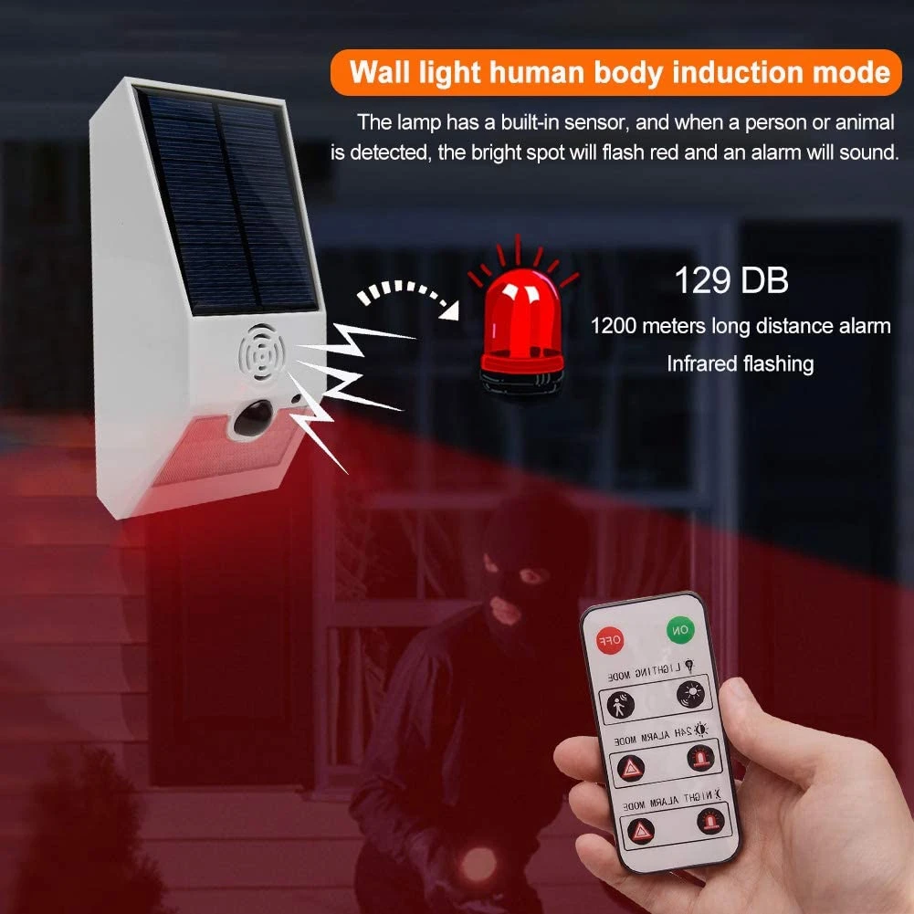 Luz de alarma Solar, luz estroboscópica Solar con Detector de movimiento, Detector de movimiento con Control remoto, blanco