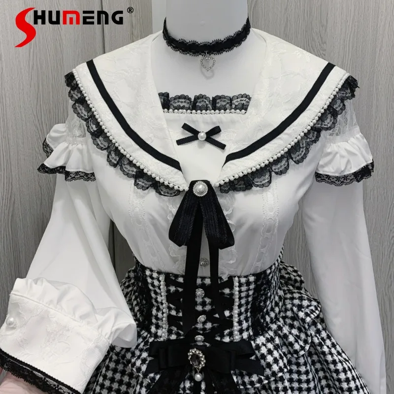 New Sweet Mass-produced Mine Series Japanese Long-sleeved White Blouse Sailor Collar Bow Lace Bow Unique Design Camisa Femininas