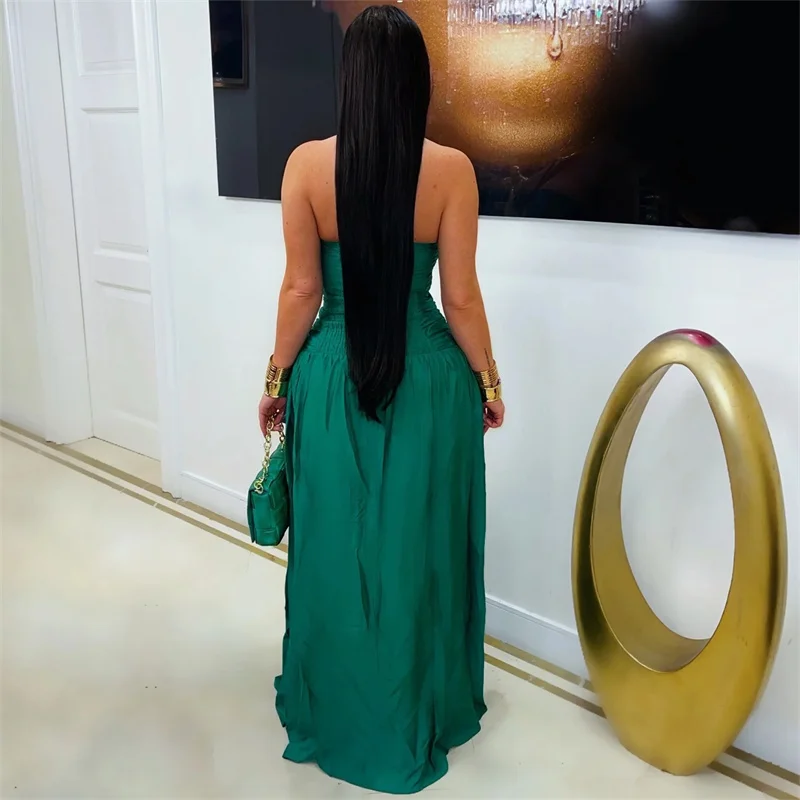 Sexy Halter Strapless Party Dresses for Woman Evening Night Out Club Wear Hollow Out Sleeveless High Split A-line Maxi Dress