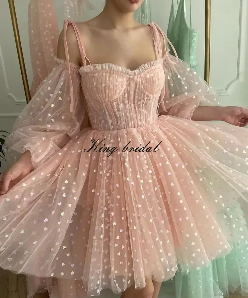 ชุดเดรสโฮมคัมมิ่งผ้าทูลล์แขนพองทรงสวยสำหรับวัยรุ่น - ชุดเดรสค็อกเทลสำหรับงานเลี้ยงตอนเย็นแบบมีสายสปาเก็ตตี้ขนาดเล็กสำหรับเด็กผู้หญิง