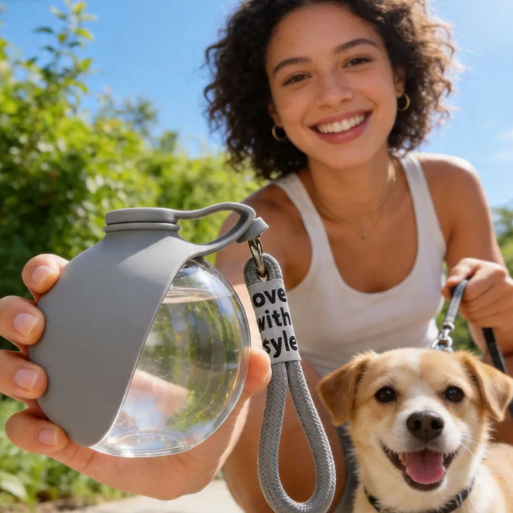 Botella de Agua 2 en 1 para Perros, Plegable, Portátil, de Plástico, con Correa y Gancho, a Prueba de Fugas, para Paseos al Aire Libre