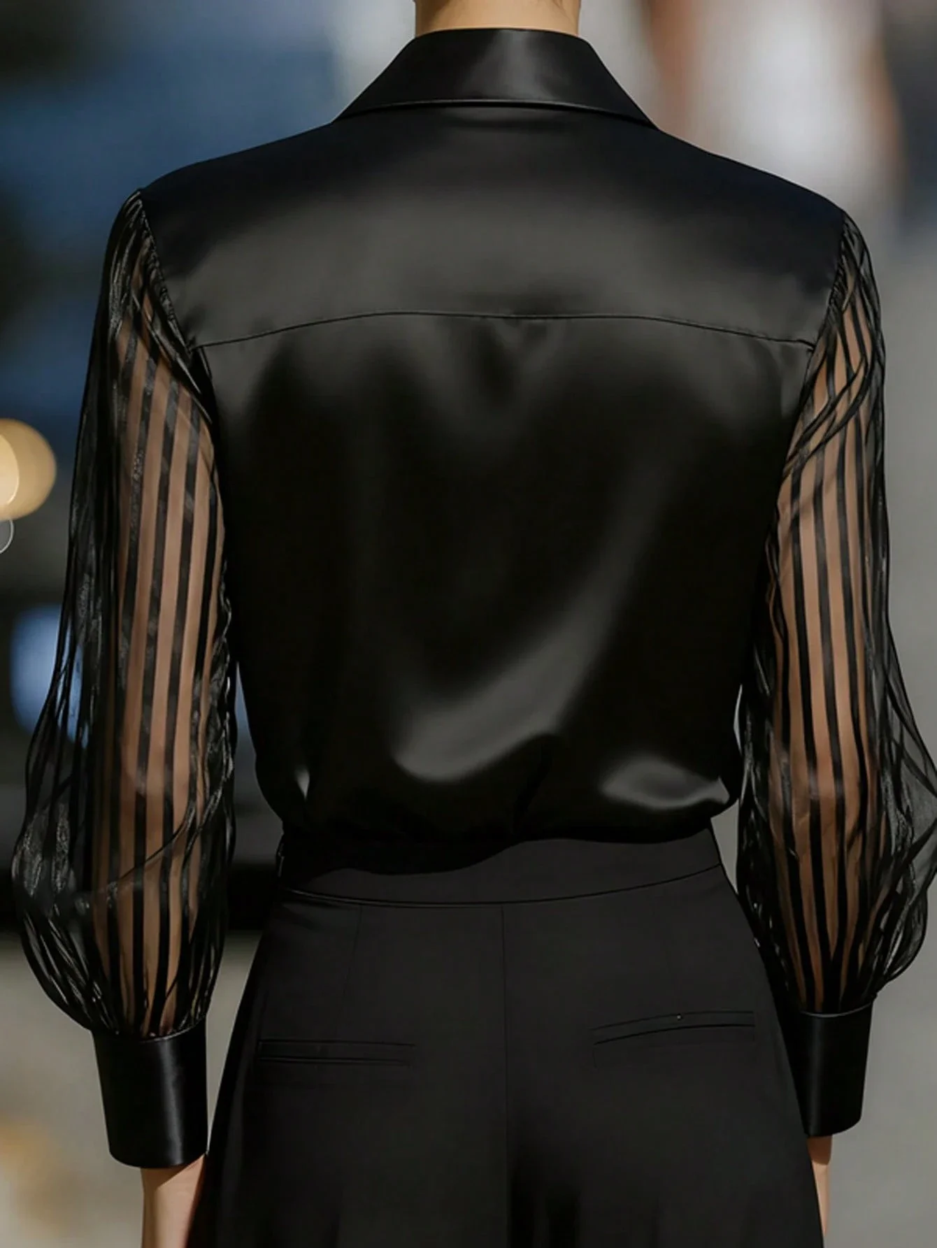 

Women's Elegant Satin Blouse With Sheer Contrast Sleeves For Office Vacation