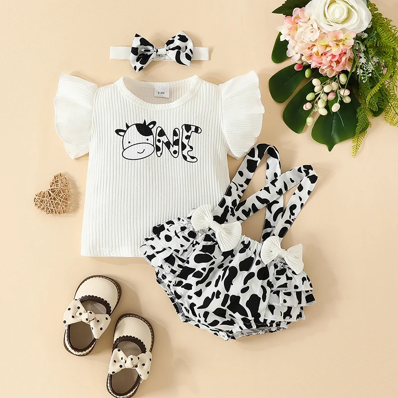 3 pieces set New Summer Baby T-shirt Strap Shorts Cow Bow Printed Strap Pants Set+Headband Soft Sweet Cute girl bow dress Set