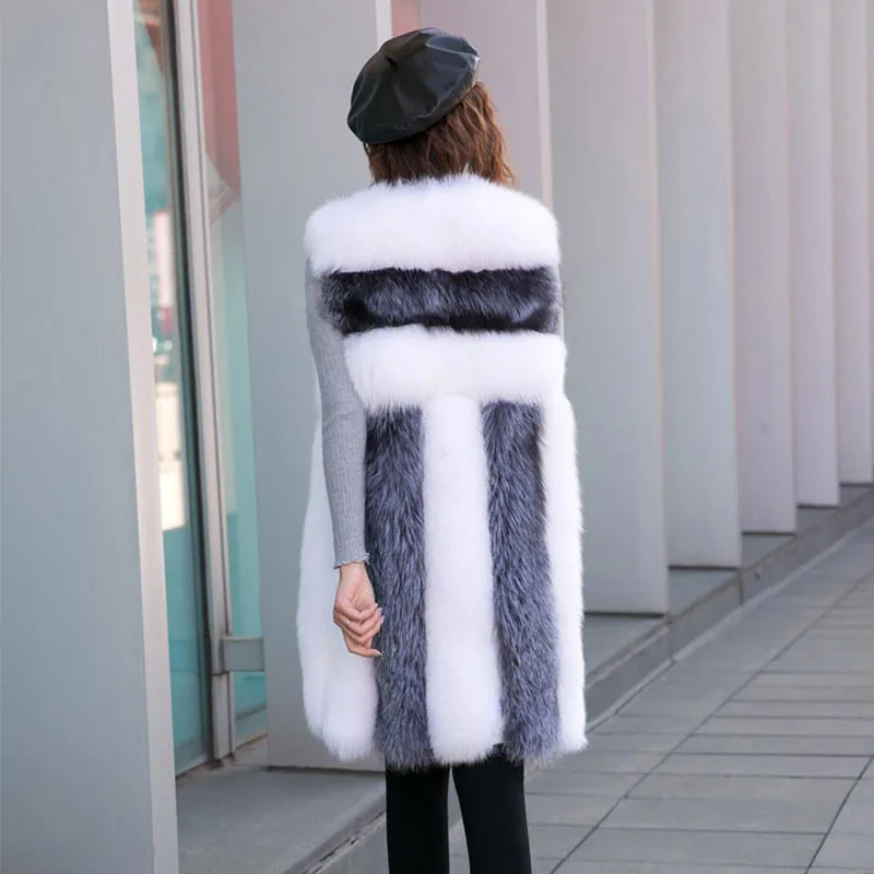 Namaakvossenbont Vest Jas Dames Gesplitst Mouwloos Jasje Kleurblok Open Stitch Recht Dikke Elegante Casual 2025, Herfst Winter