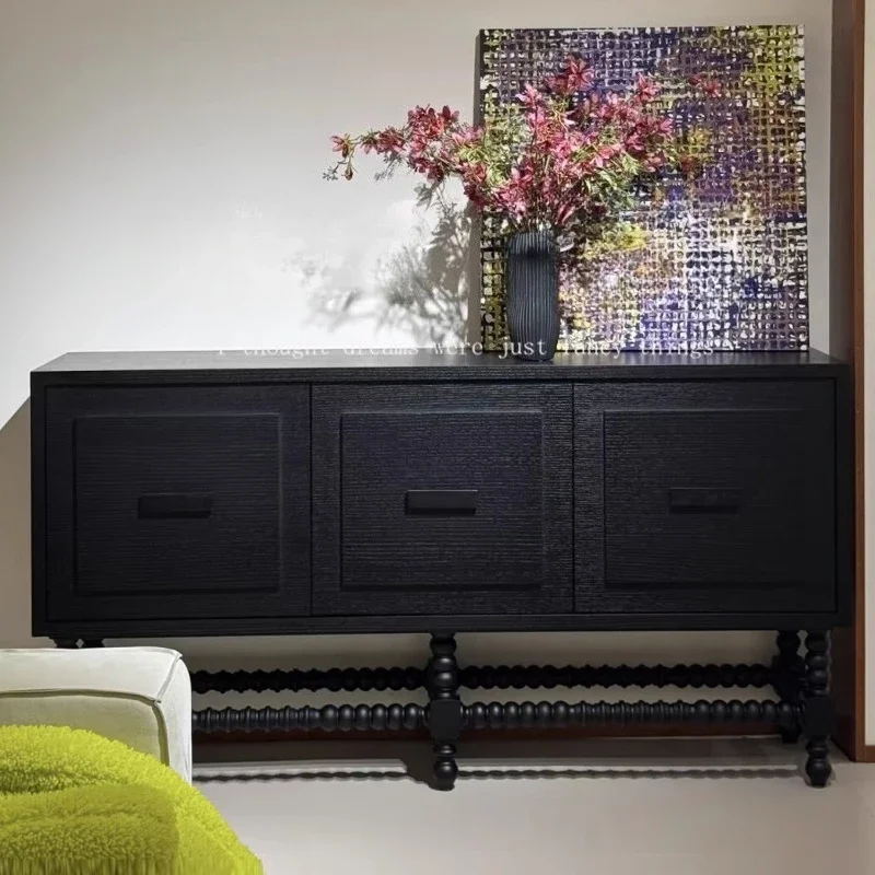 

D25French solid wood black dining side cabinet, silent wind retro engraved 3-door locker for home use