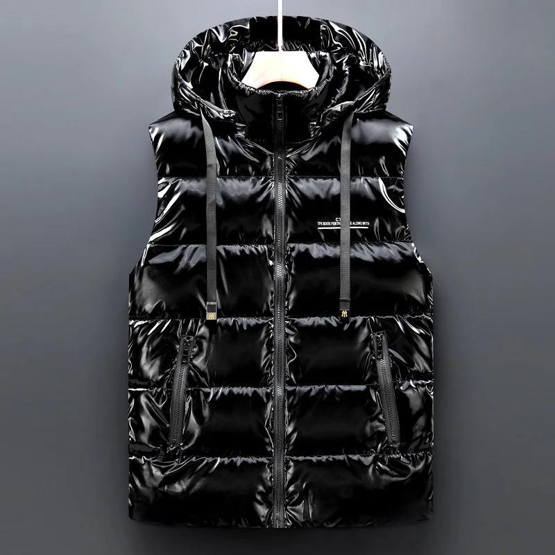 #3606 Black Grey Men Sleeveless Jackets Shiny Surface Down Vest Men Thick Bodywarmer Vests For Men Autumn Winter Vest Men Zipper