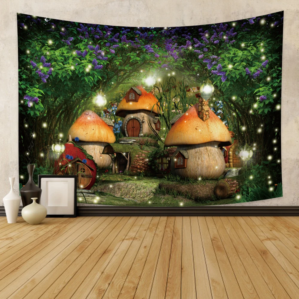 Fantasy Forest Tapestry Enchanted Mushroom Tapestry Fairytale Magical Wonderland Tree House Tapestries Wall Hanging Art for Kids