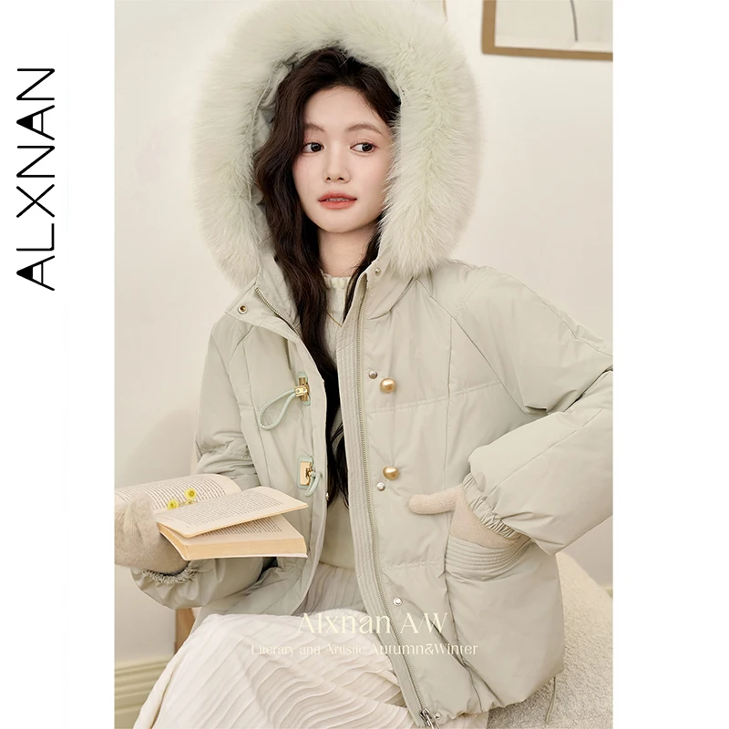 Alxnan jaqueta verde 2025 inverno feminino engrossado com capuz quente curto para baixo jaquetas 90 pato branco gola de pele real casacos l51105