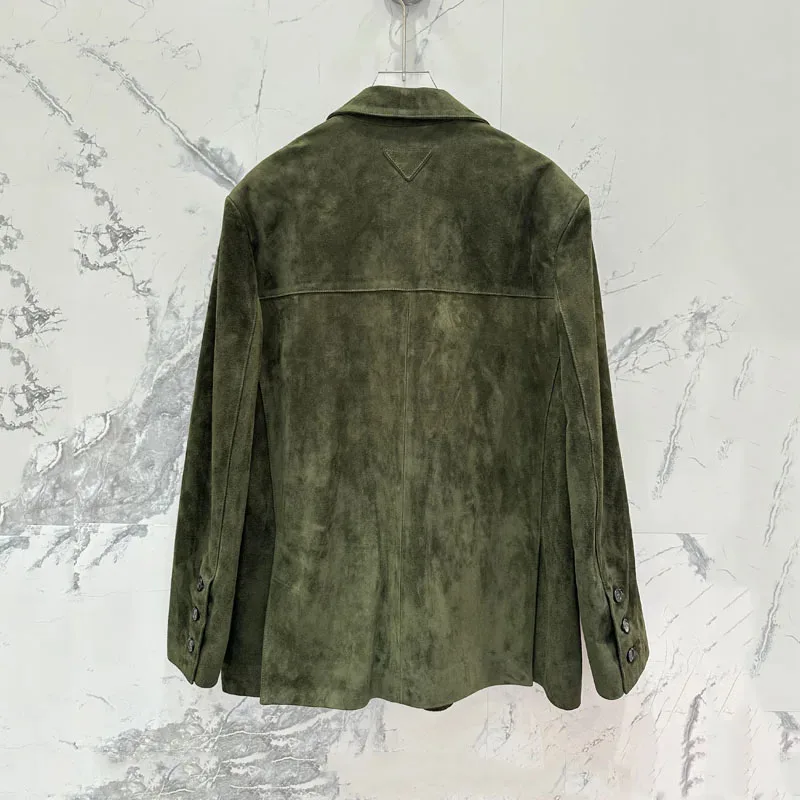 Women Clothes Turn-Down Collar Single-Row Buckle Suit Style Suede Sheepskin Luxurious Leather Jacket Green Loose