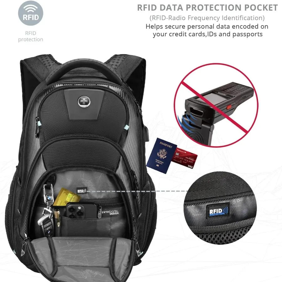 حقيبة ظهر للكمبيوتر المحمول مقاس 17 بوصة من Swissdigital Design مع Apple Find My Network ومنفذ شحن USB بسعة كبيرة للأعمال #6